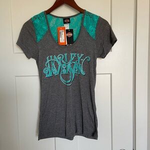 Harley Davidson Gray and Teal Knockout Lace insert Tee XS Xtra Small - NWT